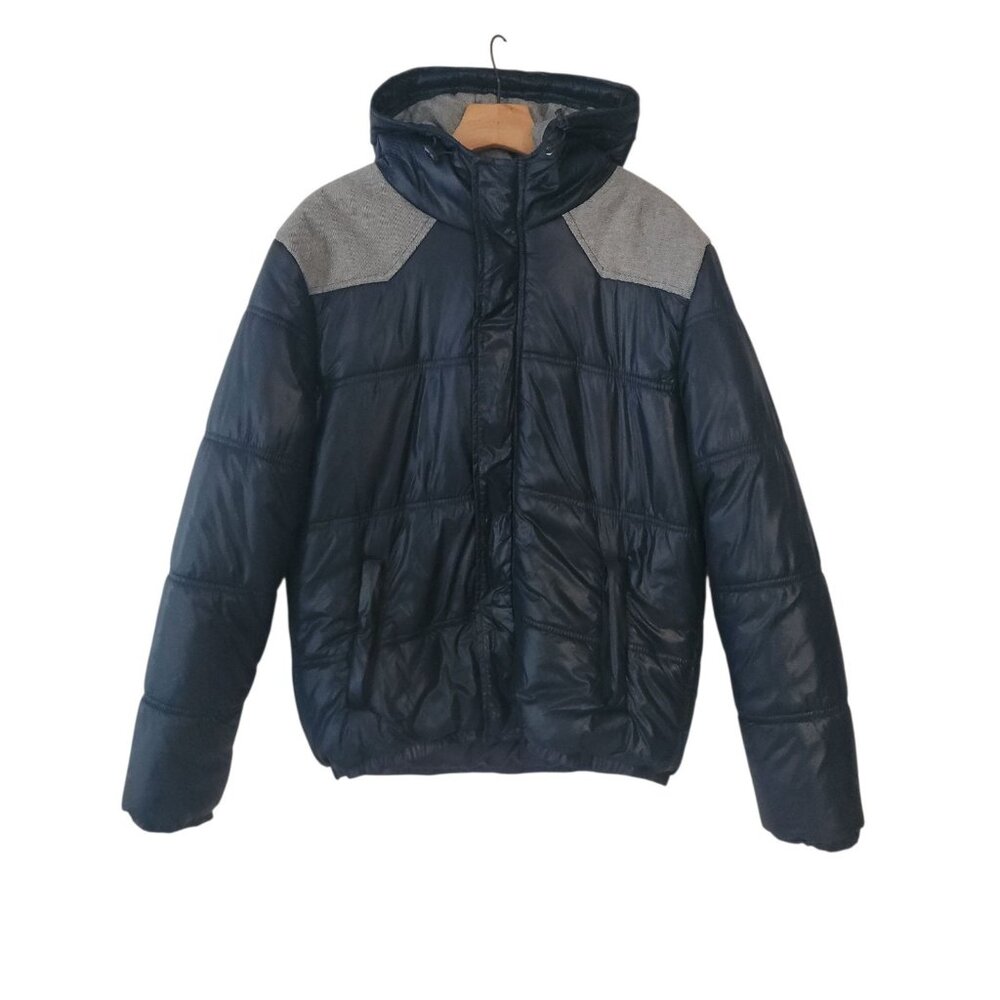 Forever 21 Puffer Jacket Hooded Blue Gray Full Zip Warm Nylon Mens Large